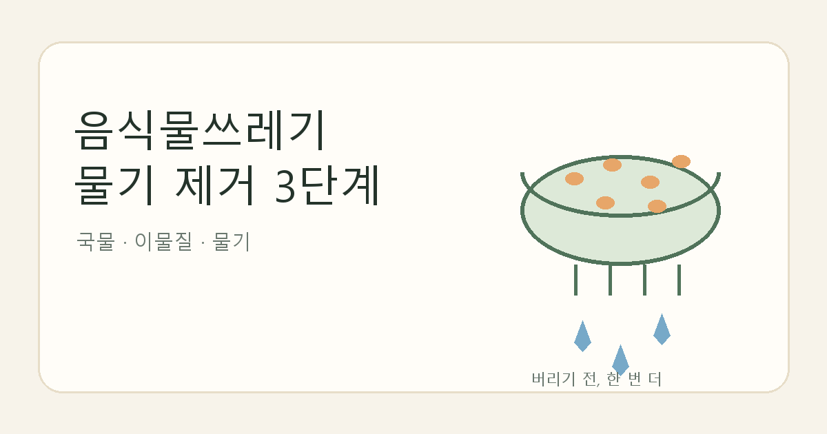 음식물쓰레기 물기 제거 3단계와 국물·이물질 분리 순서를 보여 주는 직접 제작 원본 이미지