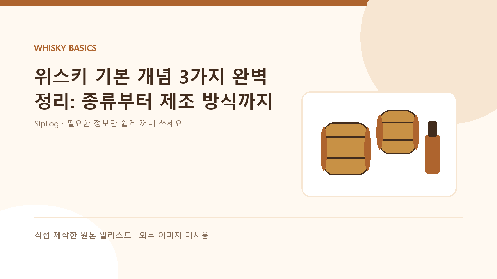 위스키 기본 개념과 제조 흐름을 설명하는 직접 제작 원본 일러스트