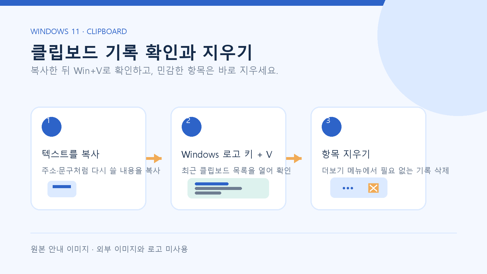 Windows 로고 키 V로 클립보드 기록을 확인하고 항목을 지우는 순서 원본 안내 이미지